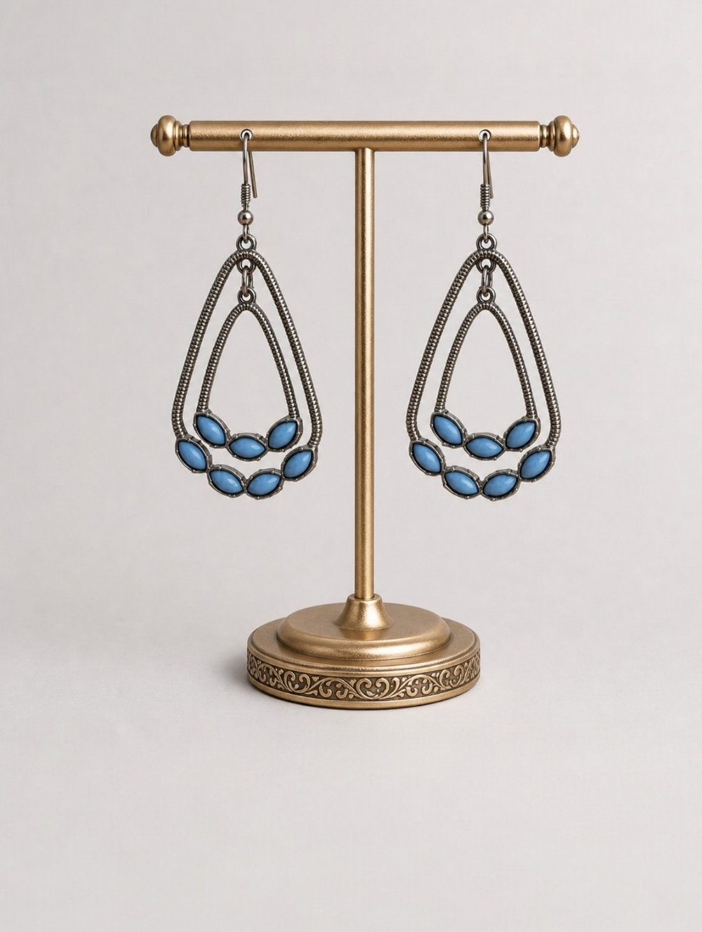 Vintage Silver Tone & Turquoise Teardrop Dangle Earrings 2" Boho Statement